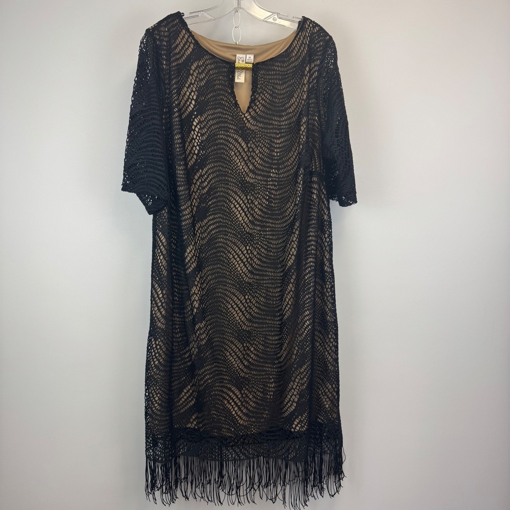 Emma & Michelle Black Crochet Lace Fringe Shift Dress 2X Gold Keyhole 47861
